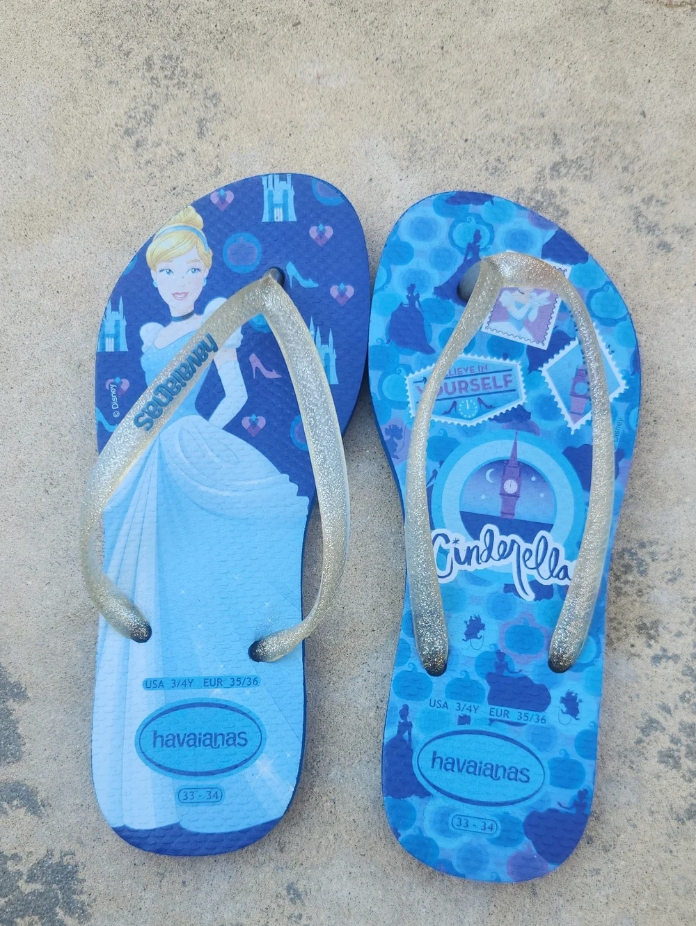 Havaianas Disney Cinderella Flip Flops Blue Glitter Straps Size 3/4 Kids Girls